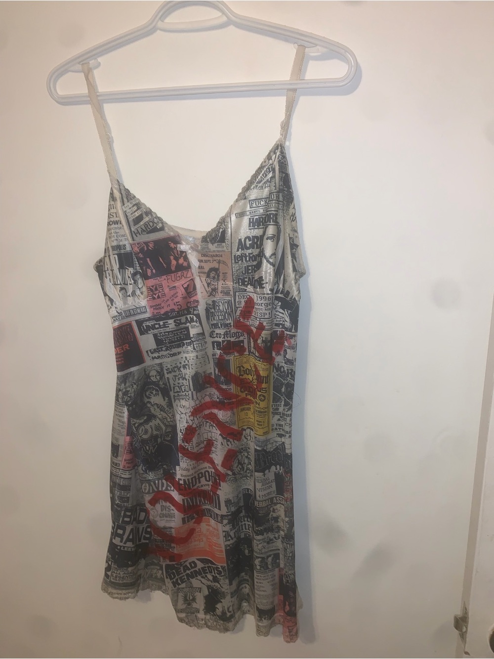 HAVOC VIOLENCE Newspaper Print Slip Dress with Red Accent